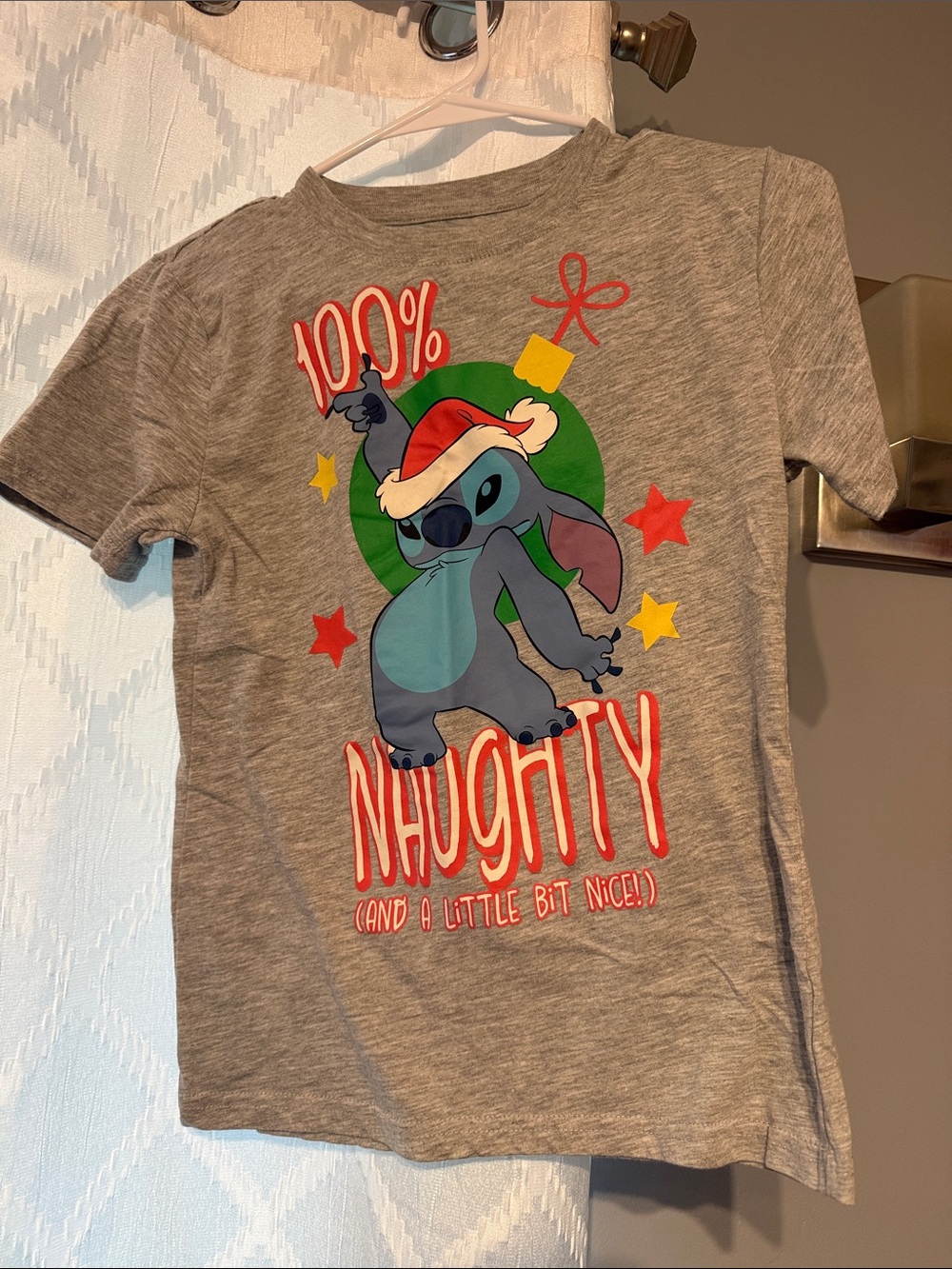 Disney Grey Holiday Stitch '100% Naughty' Graphic Tee size 10/12 kids